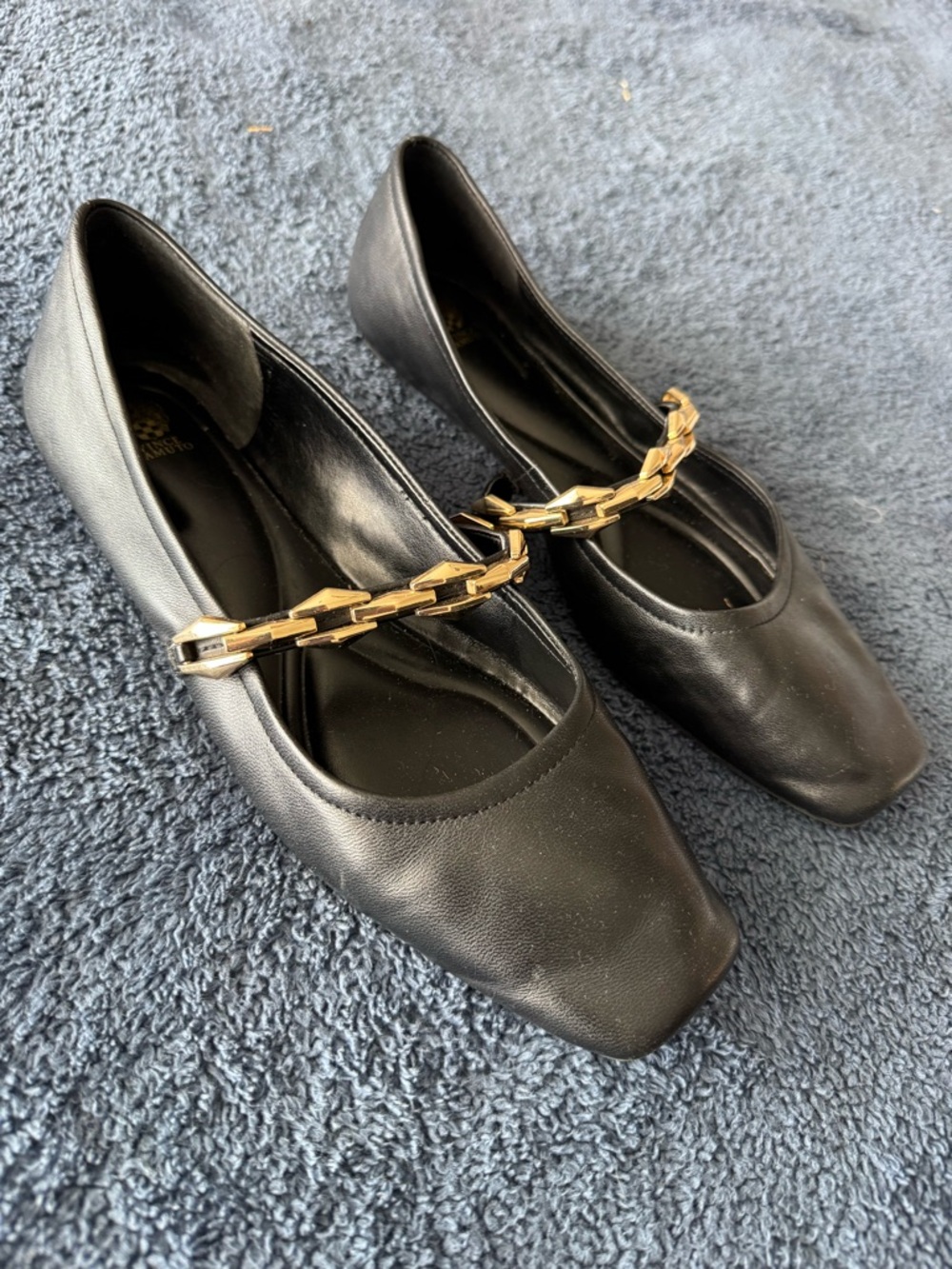 Vince Camuto Black Pointed Mary Jane Flats with Gold Chain Strap